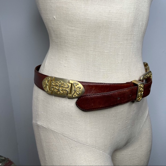 Fossil Brown Metal Hinge Accent Boho Western Belt Size L - Picture 3 of 14